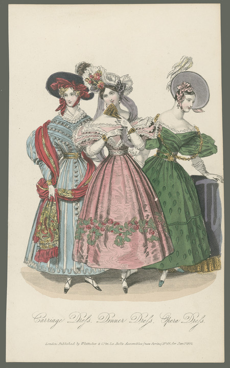 Carriage Dress, Dinner Dress, and Opera Dress. The Opera Dress offers a striped pattern, shirred bodice, puffy leg-of-mutton sleeves, and a belt emphasizing the waist. There is quite a bit of decorate detail, particular near the hem, and the dress is a bit shorter. Accessories include a paisley shawl and a simpler bonnet with ribbon matching the shawl. The Dinner Dress demonstrates the widening shoulders and lower neckline, lace-trimmed bodice, belt emphasizing the waist, and flower detailing near the hem. The hat is elaborate and decorated with lace, ribbon, feathers, and flowers. Accessories include a fan, elbow-length gloves, and wrist cuffs. The Opera Dress also illustrates widening shoulders, short puffy sleeves, and the lowered neckline, trimmed in lace. A belt cinches the waist and accessories include a long, gold necklace and a side bonnet, with bows on one side of the head, and feathers on the top (published for La Belle Assemblee by Whittaker and Company).