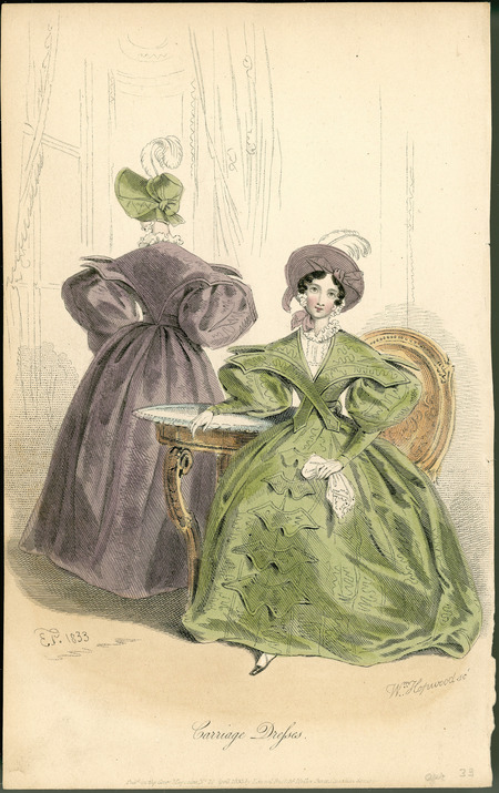 Carriage Dresses, illustrating the pelerine made out of matching fabric over a bodice with a high ruffled collar, wide shoulders, leg-of-mutton sleeves, decorative detailing down the front of the dress. The bonnets are fairly simple, framing the face and decorated with bows and a feather (published for the Court Magazine by Richard Bull).
