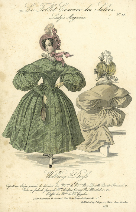 Walking Dress, illustrating the pelerine made out of matching fabric over a bodice with a high ruffled collar, wide shoulders, leg-of-mutton sleeves, decorative detailing down the front of the dress. The skirt length is somewhat shorter. The bonnet is frames the face with the brim being quite detailed, and is decorated with bows and a feather (published for Lady's Magazine by J. Page, 112 Fetter Lane, London).