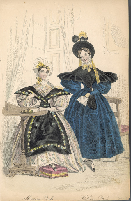 Morning Dress and Walking Dress. The Morning Dress illustrates a decorated apron over the dress, with a wrapped bodice underneath and patterned fabric. Leg-of-mutton sleeves and the skirt are both fairly wide, and the headwear is a lace bonnet decorated with ribbon. The Walking Dress is somewhat shorter, and has a fabric pelerine with ruffled sleeves and pulled together in front and belted as part of the dress emphasizing the waist, with a bow and ruffled collar. The matching bonnet surrounds the face and is decorated with feathers (published for the Court Magazine).