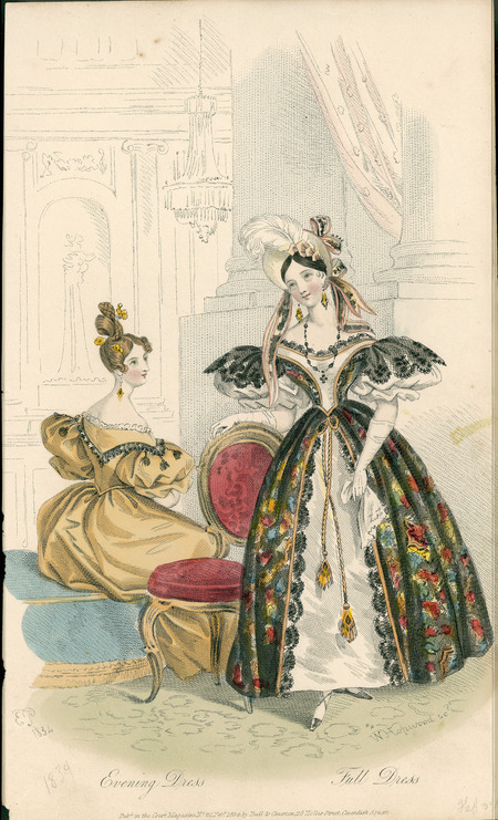 Evening Dress and Full Dress. The Evening Dress is displayed from the back and demonstrates a low neckline trimmed with lace, an overlay decorated with lace and tassels, a continuing emphasis on the waist with a piped belt, and a full skirt. The coiffure is rolled and braided, and uses a hairnet and flowers for decoration with matching earrings. The Full Dress has a low neckline trimmed with lace, an apron overlay with lace sleeve overlays of puffed short sleeves, and a patterned skirt overlay of a contrasting color. The waist is emphasized with the apron meeting the skirt and tied together with long tassels. The bonnet is elaborate, frames the face, and is decorated with a feathers and ribbons. Accessories include earrings and a necklace (published for Court Magazine by Bull and Churton, 26 Holles Street, Cavendish Square, London).
