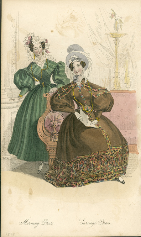 Morning Dress and Carriage Dress. The Morning Dress is fairly simple and includes a ruffled lace collar with matching lace bonnet (decorated with ribbon), matching earrings and a waist-long necklace, a shirred bodice with wide shoulders and leg-of-mutton sleeves, an emphasis on the waist with a belt and a full shorter skirt. The Carriage Dress has sleeve overlays trimmed with pattern fabric, wide shoulders and leg-of-mutton sleeves, and the patterned fabric is used to emphasize the waist by leading down the front of the gown, being used as a belt, and used to trim the hem. The bonnet frames the face and is decorated with lace and ribbon (published for Court Magazine).