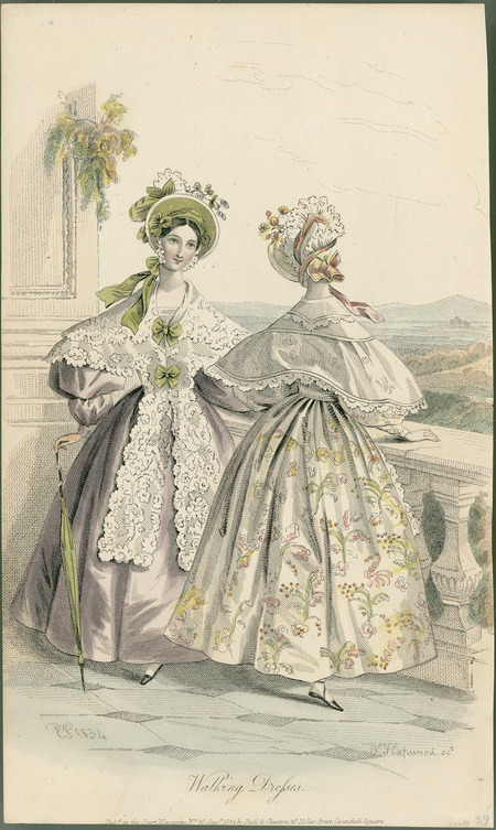 Walking Dresses, illustrating lace pelerines, trimmed with piping and lace, and tied together with bows, bonnets framing the face and decorated with flowers, bows, ribbon, and lace, wide shoulders and leg-of-mutton sleeve with full, but shorter skirts (published for Court Magazine by Bull and Churton, 26 Holles Street, Cavendish Square, London).