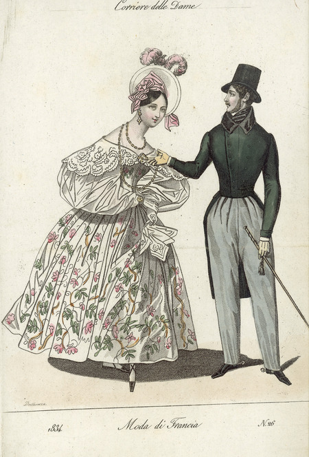 Woman's Dress, showing a wide lace collar with brooch at center of neckline, a fitted bodice, puffed loose sleeves cuffed at the wrist, a patterned full skirt somewhat shorter, the bonnet had a wide brim framing the face and decorated with ribbon and feathers, and her accessories include earrings and a waist-long necklace. The Man's Dress includes an overcoat ending at the waist, but including tails in the back, trimmed with a satin collar with a cravat, a top hat, and loose fitting pants (published for Moda di Francia).