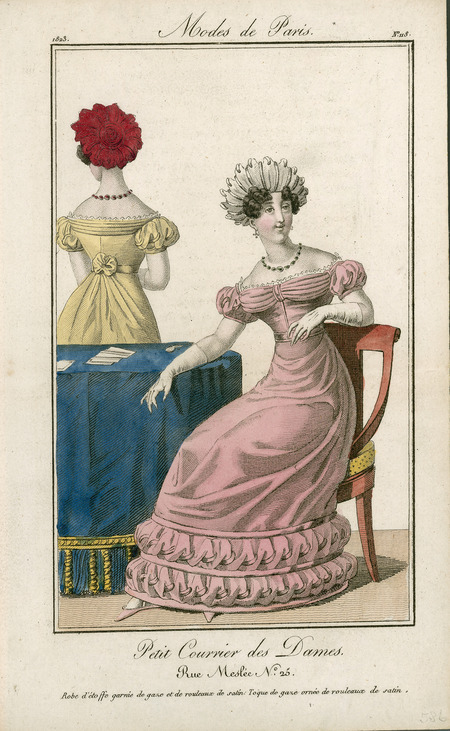 Satin dresses, demonstrating shirring on the bodice, a narrow waist emphasized by ribbons or cummerbund, puffed sleeves, the emphasis of decoration on the lower hem, and the use of headwear and jewelry (published for Modes de Paris).