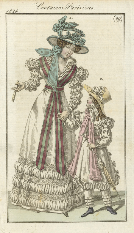 Dresses for woman and girl, demonstrating decoration on the bodice with ribbon and a ruffled collar, a narrow waist emphasized by ribbon, puffed and decorated sleeves, the emphasis of decoration on the lower hem, and the use of headwear decorated with ribbons. The young girl is wearing pantalons or pantalets, and her dress reflects the style of her mother's. Additional accessories include a fan and parasol. (published for Costume Parisien).