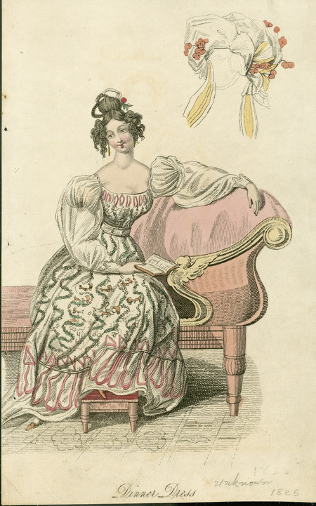 Dinner Dress, showing widening shoulders with loose leg-of-mutton sleeves, a decorated bodice, the waist defined by a belt, with pattern throughout the dress and near the hem. The hairstyle is elaborate, and a turban-inspired bonnet is also illustrated, decorated with ribbon and flowers. (publisher is unknown).