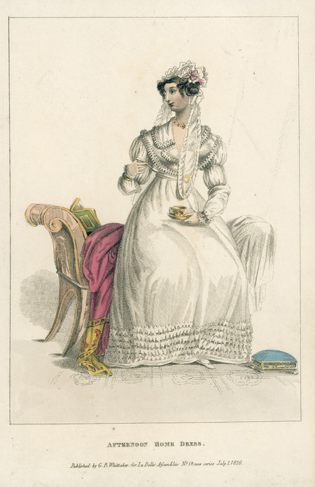 Afternoon Home Dress, demonstrating the increasing importance of receiving visitors in the home. The dress has widening and ruffled shoulders with decoration at the end of the sleeve, the bodice is trimmed with decoration, and there is an emphasis of decoration on the lower hem. The headwear is a loosely ruffled bonnet, with flowers as decoration and larger lace ties (published for La Belle Assemblee by G.B. Whittaker).
