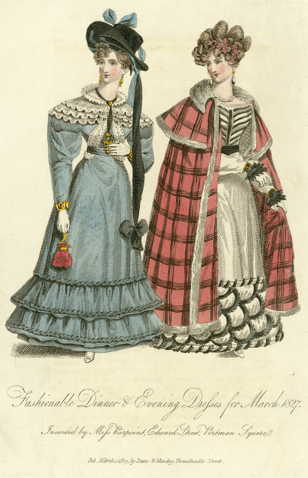 Fashionable Dinner and Evening Dress for March 1827, showing widening shoulders with loose leg-of-mutton sleeves and decorative ruffling at the wrist, a decorated bodice, the waist defined by a ribbon or belt, with plaid and other patterns throughout the dress, near the hem and in the cape. The coiffures are elaborate and include flowers, and the bonnet includes ribbons with bows. Jewelry and a purse are accessories (invented by Miss Pierpont, Edward Street, Portman Square (London) and published by Dean and Munday, Threadneedle Street (London).