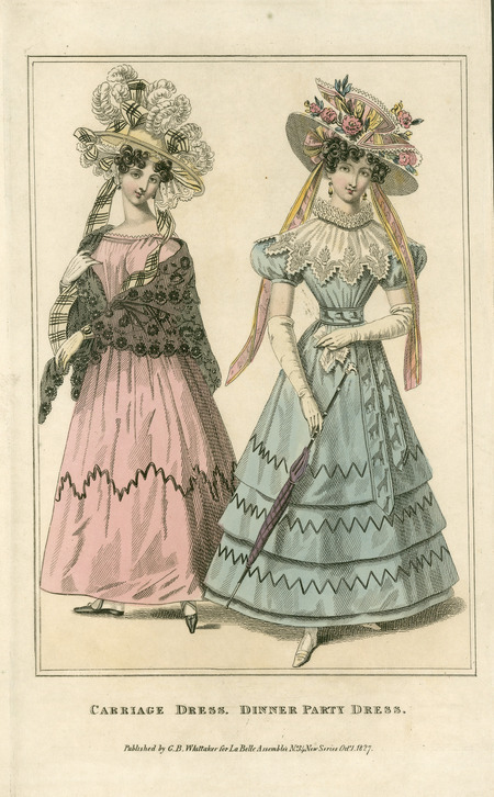 Carriage Dress and Dinner Party Dress, illustrating hemmed short and loose leg-of-mutton sleeves with widening shoulders overall, the waist emphasized by a belt (one with an animal design), lace shawls, geometric decoration towards the hem, gloves, parasol, and hats decorated with plaid ribbons, feathers, and lace (published for La Belle Assemblee by G.B. Whittaker).
