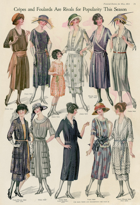 Drop waisted day dresses, using crepe and foulard fabrics (published for the Pictorial Review).