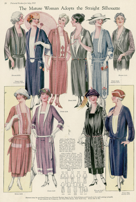 Drop waisted day dresses, illustrating a straight silhouette with many decorative details. There are also a number of older women illustrated. (published for the Pictorial Review).