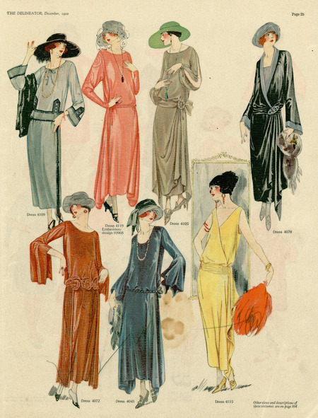 Drop waisted evening dresses, illustrating a straight silhouette with many decorative details. (published for the Delineator).