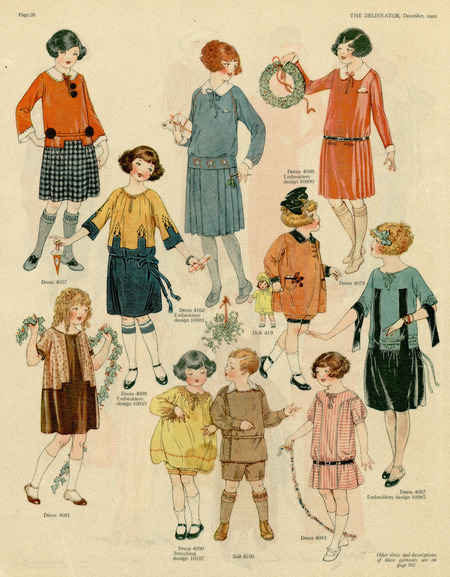 Children's outfits, illustrating dropped waisted dresses and tops. (published for the Delineator).