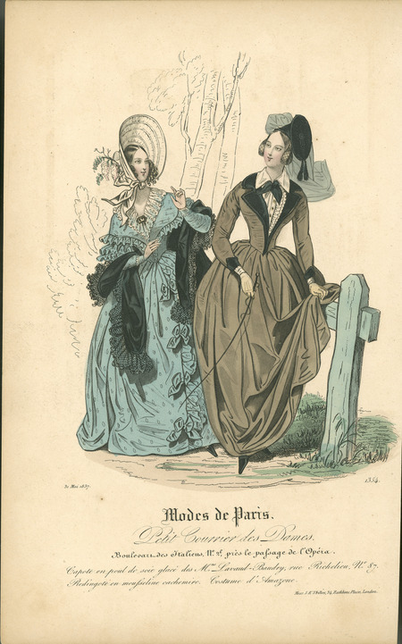 Two women's dresses, left dress has 'V' neckline with lace collar, fitted bodice with ruffle trim, fitted lower sleeves, narrow waistline; floor-length full skirt; ruffle edged, shawl, and a large bonnet trimmed with flowers and ribbons. Right dress is a riding habit with a jacket with contrasting collar over a ruffle trimmed blouse with a fold-over collar and neck tie; long, fitted sleeves; a narrow waist; a long, full skirt, a riding crop, and a cocked beret-style hat with attached fabric and netting over the hair. (Published for Modes de Paris by S. & J. Fuller, London).