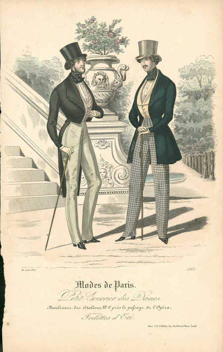 Two men's outfits, right has mid-thigh length frock coat, waistcoat, shirt, and plaid trousers. Left man has a tail coat, plaid waistcoat, ruffle trimmed shirt, and fitted trousers. Both men have top hats, high cravats, nipped in waists, canes, and pointed toe shoes. (Published for Modes de Paris by S. & J. Fuller, London).