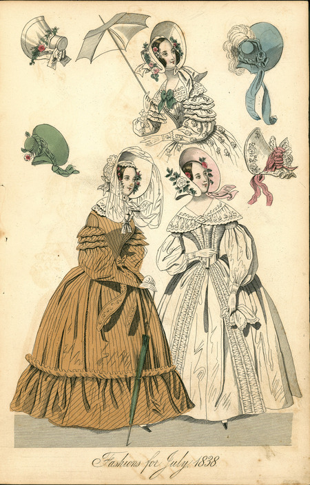 Fashions for July showing 2 full dresses, 7 bonnets and a partial dress. The dresses have Bertha collars; long, full sleeves (2 with ruffles around upper arm), gloves, fitted bodices with narrow waistlines; and long, full skirts. The bonnets are all trimmed in various ways with flowers, ribbons, feathers, lace, and one has a veil. (Published for the New Belle Assemblee).
