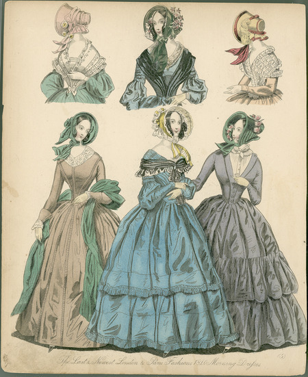 The Last and Newest London & Paris Fashions Morning Dresses, showing 3 full dresses and 3 alternative bodices. Dresses all have long sleeves, narrow waistlines, and long, full skirts. Left dress has lace collar and fitted sleeves; center dress has 'V' neckline with lace wrap, pleated bodice, and full sleeves; right dress has blouson style inset with small tie collar and fitted sleeves. Bodice variations along top include a lace shawl and deeper neckline on the left dress, a lace collar added to the center dress with contrast pleating, and the right does not have the inset, but does have a ruched lace wrap. The bonnets are trimmed lace, flowers, feathers, and/or ribbons. (Publisher unknown).