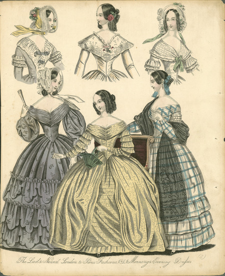 The Last and Newest London & Paris Fashions Morning and Evening Dresses, showing 3 full dresses for evening and three alternative bodices for morning. Dresses all have wide, low necklines revealing the shoulders and chest, long sleeves, gloves, fitted bodices with yoke waistlines, and long, full skirts. Left dress has full upper and fitted lower sleeves with layered skirt and alternative bodice has fitted sleeves with 3 lace ruffles and lace around neckline; center dress has multi-ruffled sleeves with a patterned overskirt that is slit in front to reveal a ruched underskirt, alternative bodice has a lace Bertha collar and fitted sleeves; right dress has ruffles on upper sleeves and 3 ruffles above skirt hem, alternative bodice has a lace bertha collar with bow in front and larger sleeve ruffles. The 3 bonnets shown frame the face and are decorated with flowers, lace, and ribbons. The coiffures are elaborate with ringlets, buns, flowers, or ribbons. (Publisher unknown).