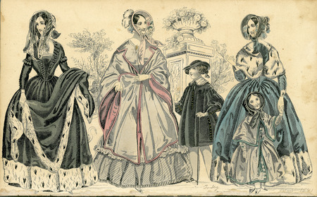 Two evening dresses with bertha collars, fitted bodices with pointed waists, short sleeves, gloves, and very full skirts; left dress has smooth collar with rosette trim and elaborate coiffure with ringlets and roses; right dress has pleated bertha collar with bow in front, bow and lace trim on skirt, and a fabric and feather head wrap. (Published for Modes de Paris by S. & J. Fuller, London).