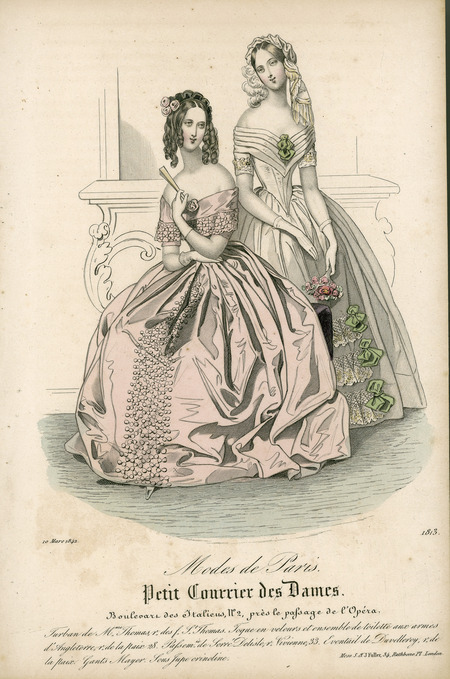 Two evening dresses with bertha collars, fitted bodices with pointed waists, short sleeves, gloves, and very full skirts; left dress has smooth collar with rosette trim and elaborate coiffure with ringlets and roses; right dress has pleated bertha collar with bow in front, bow and lace trim on skirt, and a fabric and feather head wrap. (Published for Modes de Paris by S. & J. Fuller, London).