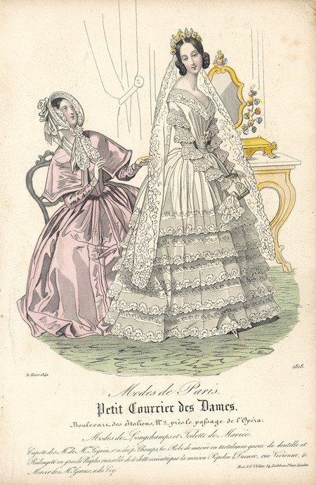 Wedding dress with a 'V' neckline and a lace collar, pleated bodice, ruffled sleeves, and flounces in the full skirt and a long, lace veil attached to a rose crown. The accompanying dress has a fitted bodice with capelet, fitted sleeves, full skirt, and a small bonnet decorated with lace and ribbons. (Published for Modes de Paris by S & J. Fuller, London).