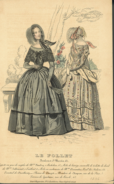 Two walking dresses, with wide collars, long, fitted sleeves, narrow waistlines, floor-length, full skirts, and bonnets trimmed with feathers, flowers and lace. Left dress has a small, net shoulder cape and matching net gloves. Right dress has shirred bodice and a shawl. (Published for Court Magazine).