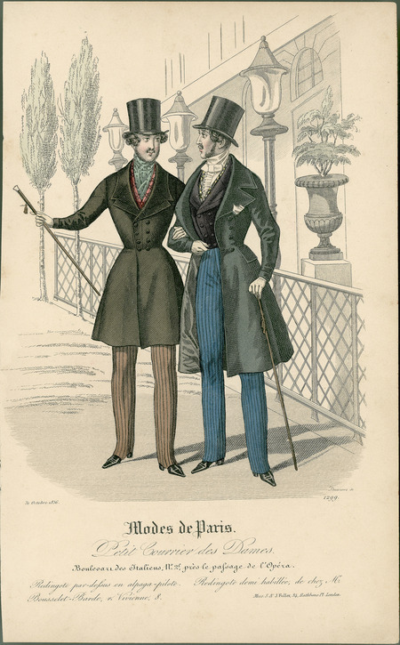 Two men's outfits both with frock coats, high collars (left has cravat, right has bowtie and jabot), top hats, canes, striped trousers, and pointed-toe shoes. Man on right has his knee-length frock coat open to reveal his double breasted waistcoat, man on left has his double breasted, mid-thigh length, frock coat buttoned. (Published for Modes de Paris by S. & J. Fuller, London).