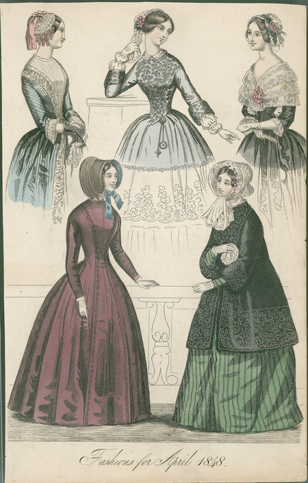 Fashions for April, illustrating a loose fitting coat and 4 dresses all with fitted bodices and full skirts. Top left dress has jewel neckline, 3/4 length, ruffle cuffed sleeves, and net mitts; top center has a jewel neckline, 3/4 oversleeves with wrist length, pleated undersleeves, and brooches pinned to waist; top right has a 'V' neckline with an attached lace capelet with center front bow and ruffle cuffed, 3/4 length sleeves; all top views have lace caps. Left coat dress is simple and fitted with a fold over collar; long, fitted sleeves, and a bonnet. The coat fits loosely over the body and is approximately knee-length with 3/4 sleeves, but the dress has long sleeves; worn with a lace and flower trimmed bonnet. (Published for The New Belle Assemblee: a Magazine for Literature and Fashion).
