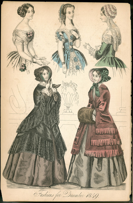 Fashions for December showing 2 semi-fitted capes and 3 evening dresses (top portion only). The semi-fitted capes have either lace or ruffle edges worn over full skirted dresses and with simply trimmed bonnets. The evening dresses all have fitted bodices; the left and center have wide necklines trimmed with lace; short, lace edged sleeves, and elaborate coiffures with ringlets, flowers and ribbons; the right has a lace capelet, 3/4 length sleeves with ruffled cuffs and a lace cap. (Publisher unknown).
