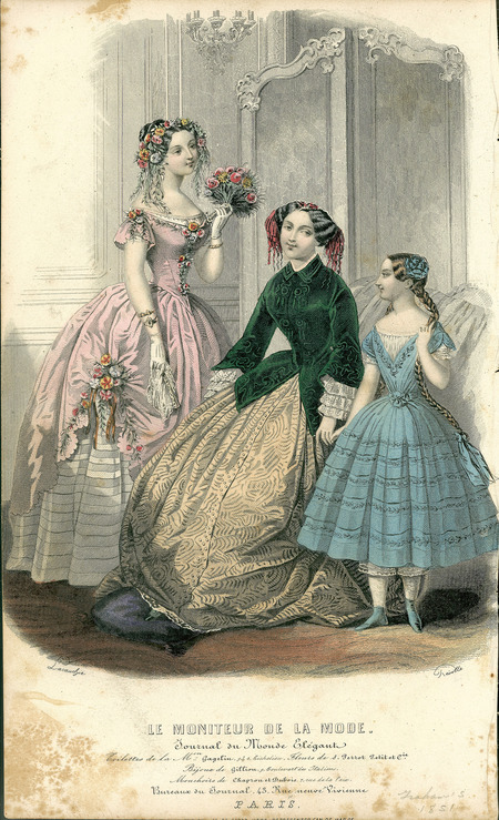 Home Dresses, the left showing a fitted bodice with bateau neckline and a chemisette, short sleeves, yoked waistline, and a full skirt with a scalloped edge pulled up and trimmed with flowers to reveal a wide-striped underskirt, hair and dress extensively trimmed with flowers; the center outfit shows a semi-fitted jacket with 3/4 pagoda sleeves and lace ruffles extending below, a full skirt trimmed with buttons down center front, and severely parted hair decorated with a lace cap with ribbons attached. The young girl has her hair in a long braid with ribbons and wears a dress with a chemisette bodice, narrow waist, and full skirt ending below knee to reveal pantalets, stockings, and boots. (Published for Le Moniteur de al Mode by M. Gagelin, Paris).