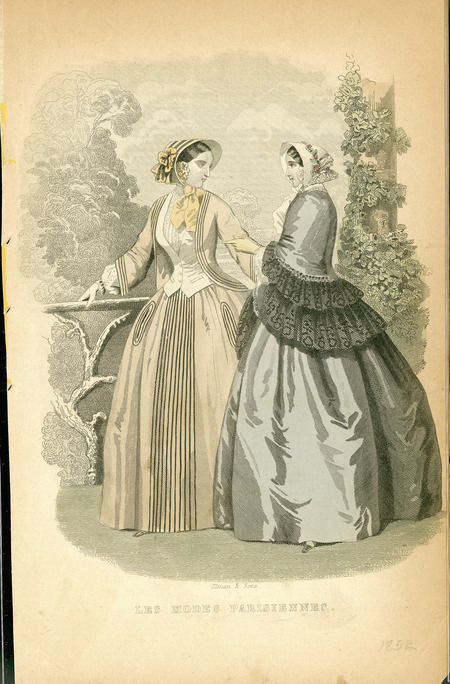 Two walking dresses both with high necklines, narrow waists, long sleeves and full skirts. Left dress menswear inspired with a bolero style jacket, vest, blouse, and 2 pockets on skirt; center front skirt, jacket edge, sleeves and pockets decorated with stripes. Right dress has a short cape or loose jacket with 2 rows of lace ruffles worn over a long sleeved blouse. Both women have simple bonnets trimmed with flowers or ribbons. (Published Les Modes Parisiennes).