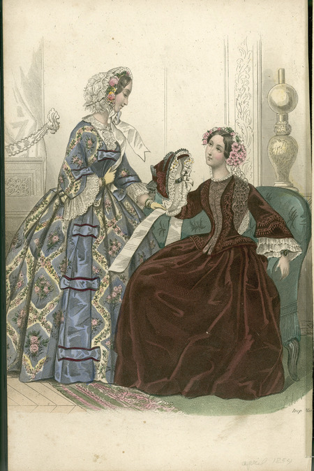 Walking dresses for a mother and her two young children. The mother's dress has a fitted jacket that flares out over her hips with lace trim, pagoda sleeves, a full skirt and a bonnet trimmed with flowers, feathers, ribbons and lace. The young child on the left is wearing a capelet, white blouse with a fold-over collar, jacket, short skirt, pantelets, stockings, button-top boots, and a small hat. The young child on the right is wearing a short sleeve dress with a fitted bodice over a blouse with a jewel neckline and long sleeves, pantalets, stockings, shoes, and a bonnet. (published for The Lady's Companion).