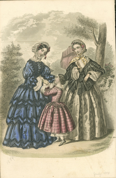 Two walking dresses and a child's dress. The left dress has a fitted bodice with a lace collar; full, 3/4 length sleeves ending in layers of lace; a flounced skirt decorated with geometrically designed piping of ribbon ruffles, and a lace bonnet trimmed with ruffled lace, ribbons, and flowers. The right dress right includes a fitted wrap over a blouse, the wrap flares below the waistline and closes in front with a bow, the dress has pagoda sleeves ending in layers of ruffled lace, a full skirt; a bonnet trimmed with flowers and lace and a parasol complete the ensemble. The young girl's dress is two-piece with a fitted bodice, lace collar, 3/4 length sleeves with lace undersleeves; a short, full skirt; and pantalets. (published for La Belle Assemblee).