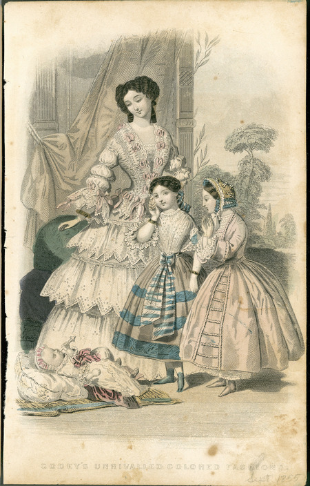 Godey's Unrivalled Colored Fashions, showing daywear for a mother, two girls and a baby. The mother is wearing a fitted bodice covered with lace and ribbons over a chemisette, 3/4 length sleeves with multiple puffs ending in wide lace flounces and bows, a full skirt with 3 flounces, each hemmed in geometric detail. Her hair is up and she appears to be wearing a snood. The young girl on the left is wearing a pleated lace blouse with a jewel neckline, 3/4 lengths sleeves edged in lace, a ribbon belt, and full skirt hemmed at mid-calf. Her hair is braided and held in place with a ribbon. The girl on the right is wearing a dress with a pleated center front bodice and a jewel neckline, 3/4 length sleeves trimmed with lace near her wrists, a full skirt, pantalets, and a small bonnet decorated with ribbon and fabric. The baby is wearing a lace gown with a high collar, short sleeves, a bow in front, and a lace cap. (published for Godey's Ladies' Book).