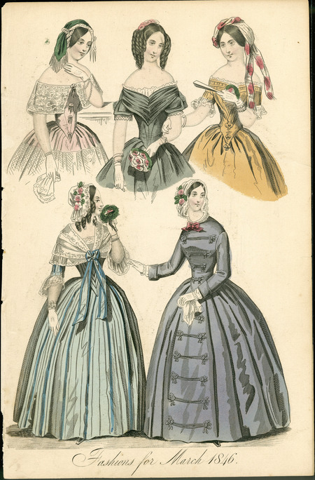 Fashions for March, showing lace 2 full dresses and 3 partial views. Both dresses have fitted bodices, narrow waistlines; long, full skirts, and lace caps. Left dress has an attached lace wrap tied in front and lace edged 3/4 length sleeves; Right dress has jewel collar; long, fitted sleeves, and military style trim. Left partial view shows a Bertha collar, short sleeves and a fabric head covering; center and right views have lace edged, wide necklines, short sleeves with lace trim and right has a turban. (Published for La Belle Assemblee: A Magazine of Literature and Fashion).