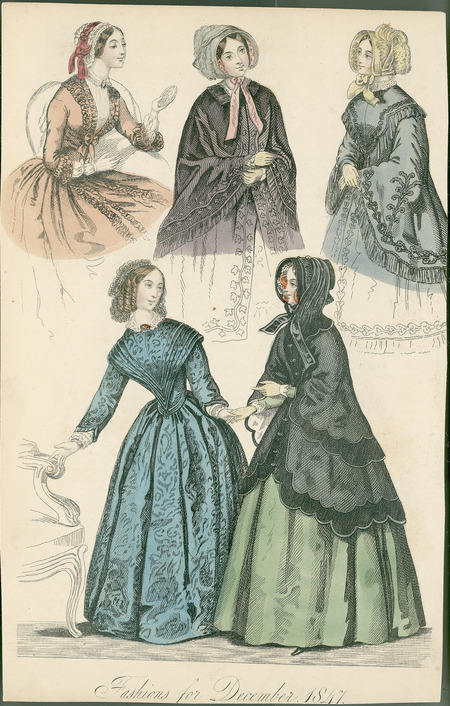 Fashions for December, showing 3 semi-fitted capes with scalloped or ruffled edges and 2 dresses both with jewel necklines; long, fitted sleeves with lace trimmed undersleeves, narrow waistlines, full skirts and lace caps. The caped women also have bonnets trimmed with feathers and ribbon. (Published for The New Belle Assemblee: A Magazine of Literature and Fashion).