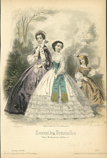 Walking dresses for 3 age groups. The woman's dress on the left has a fitted bodice with long, loose sleeves over a white blouse and full skirt. She is also wearing a bonnet decorated with matching fabric and tied with a large ribbon. The young woman's dress in the center has a pleated bodice with a small collar; long, sheer oversleeves and long, fitted undersleeves with ruffles on the shoulders; a contrasting, double pointed, fitted sash tied on the hip with both fringed ends extending over the skirt, the hem of the dress is emphasized with 5 flounces of fabric, and her hair is simply pulled back. The girl has a pleated bodice over a white blouse with a jewel neckline and long, full, semi-sheer sleeves with ruffles on the shoulders, a full skirt, and a hat decorated with feathers. (published for Journal des Demoiselles, No. VI).