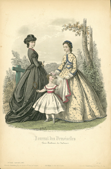 Three types of outdoor dresses all with long sleeves and full skirts. The riding habit on the left has a fitted bodice-jacket with a peplum extending down the back, long sleeves with lace trim on the shoulders, a contrasting ribbon around the throat, a feather trimmed hat, and a riding crop. The right dress has a fitted jacket-bodice with ribbon trim, a jewel neckline, 3/4 length oversleeves and long undersleeves; a double pointed sash, a hoop skirt, and a ribbon trimmed hat. The young girl is wearing a simple dress with a square neckline, short sleeves, a ribbon sash tied around the waist, a full, below-the-knee length skirt, button top boots, a feather trimmed hat, and she is carrying a small racket. (published for Journal des Demoiselles, No. IX by Desterbecq, Amsterdam).
