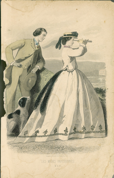Outside apparel with the woman's dress has soutache trim and illustrates a fitted bolero jacket with long sleeves, lace ribbon ties down the back of the full skirt, a Eugenie hat trimmed with feathers and lace, and a snood. The man is wearing a ditto suit consisting of a single breasted coat, a waistcoat, trousers, a shirt, a simple tie, gloves and a hat. (published for Les Modes Parisiennes by Illman Brothers).