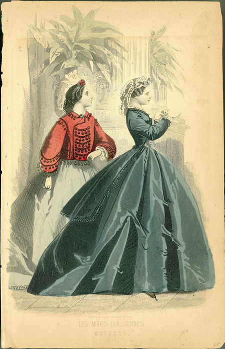 Two walking dresses both with large hoop skirts. The left woman has a bolero jacket decorated with balls and her hair is pulled back into a snood. The right woman has a more fitted bodice-jacket with long tails, long sleeves, and an open front that reveals a button front vest. She is also wearing a lace cap. (published for Les Modes Parisiennes by Illman Brothers).