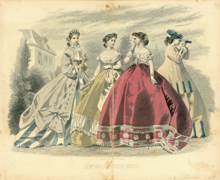 Two evening dresses and two outdoor outfits all with enormous hoop skirts. The evening dresses in center have heavily trimmed bodices with wide necklines edged in lace, short sleeves, and simple skirts with decoration around the bottom. The left woman wears a striped dress concealed with a semi-fitted mantle or paletot with decorative buttons along front opening and a flower trimmed bonnet. The woman on the far right has a dress with a short, semi-fitted coat that matches her dress and she has a hat with ribbon and feather trim. (published for Les Modes Parisiennes by Illman Brothers).