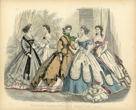 Evening and outdoor ensembles with fitted bodices and large hoop skirts. The 3 evening dresses all have wide, low necklines edged with lace; short sleeves, pointed waistlines, and gloves. The center woman has a long sleeved, fitted jacket that matches the top layer of her double-layered skirt and a lace and ribbon trimmed bonnet. The left woman's dress has a square neckline with a ribbon trimmed, pleated lace fichu; long sleeves with ribbon trim and white undersleeves; a belt, and a layered skirt. The women have their hair softly pulled back or rolled into chignons or curls and trimmed with ribbons, lace, or flowers. The dresses are all heavily decorated with tassels, piping, ribbons, rickrack, flowers, ruffles, lace, buttons, or bows. The little girl is wearing a simple, ribbon trimmed dress and a ribbon headband. (published for Godey's Fashions by Kimmel, New York).