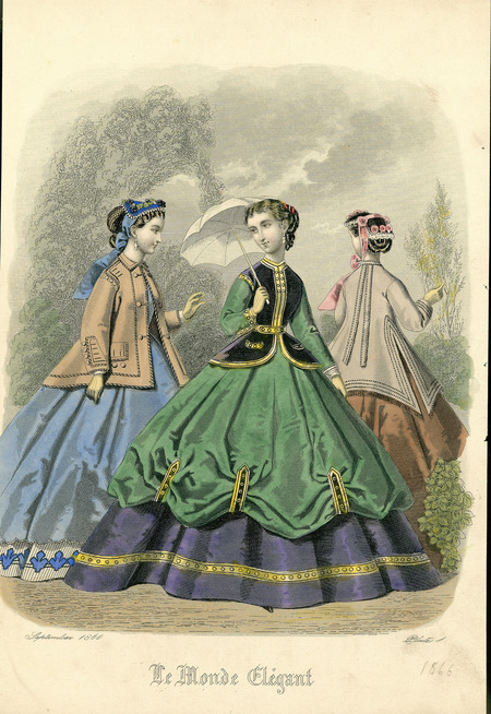 Three walking dresses all with long sleeves and full, hoop skirts. The left woman has a loose jacket with a fold-over collar, long sleeves and decorative buttons over a dress with a decorative band around the hem, and a small bonnet with a snood. The center woman has a basque bodice with a jewel neckline, contrasting long sleeves, a belted waist, and a double layered skirt where the top layer matches the sleeves and the bottom layer matches the bodice. Her hair is pulled back into a chignon and she has a parasol. The right woman, seen from the back, wears a semi-fitted jacket, simple skirt, and a small bonnet trimmed with lace and flowers. (published for Le Monde Elegant).