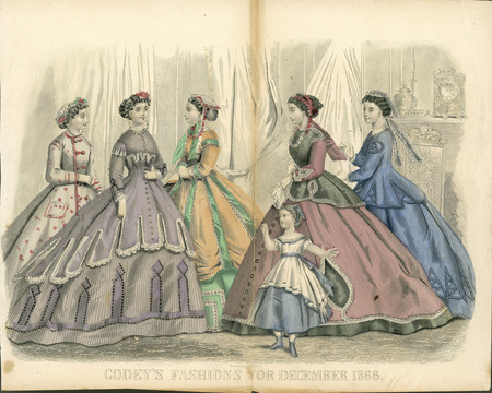 Three walking dresses all with long sleeves and full, hoop skirts. The left woman has a loose jacket with a fold-over collar, long sleeves and decorative buttons over a dress with a decorative band around the hem, and a small bonnet with a snood. The center woman has a basque bodice with a jewel neckline, contrasting long sleeves, a belted waist, and a double layered skirt where the top layer matches the sleeves and the bottom layer matches the bodice. Her hair is pulled back into a chignon and she has a parasol. The right woman, seen from the back, wears a semi-fitted jacket, simple skirt, and a small bonnet trimmed with lace and flowers. (published for Le Monde Elegant).