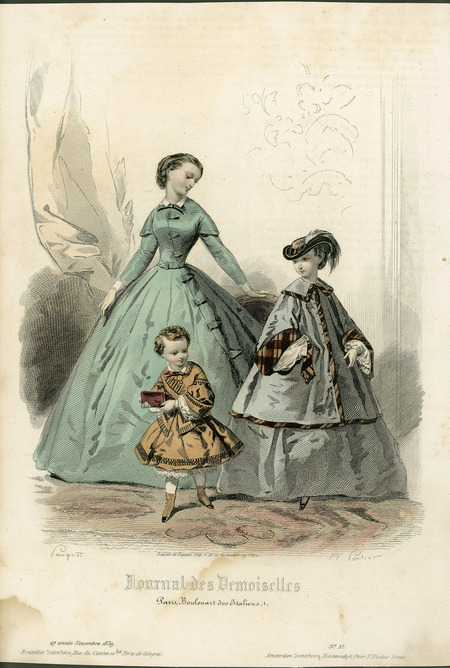 Day dresses for different generations. The woman's dress consists of a simple, fitted bodice with a fold-over collar, bow; long, fitted sleeves with cuffs and shoulder extensions, a belted waist, and a full skirt. The dress has an asymmetrical front opening that begins at the collar and extends down the skirt. The young girl has a loosely fitted coat with full sleeves and a wide collar over a matching full skirt worn with a Eugenie hat. The young child is wearing a dress with a simple collar, bow tie, full sleeves and a heavily trimmed jacket that flares out over the hips and leads to a full, but shorter skirt worn over pantalets with stockings and button-top boots. (published for Journal des Demoiselles, No. XI).