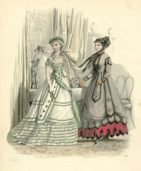 Evening and day dresses, both have overskirts, decorative piping, and sashes at waist, evening dress features decorative buttons, off-the-shoulder neckline with horizontal lines at bust and cap sleeves, small train, wreath of leaves worn beneath braid, day dress has decorative hemline at ankle height, flounce and pocket in overskirt, coat sleeves, hat on top of head with long trailing ribbons and lace. (published by Journal des Demoiselles).