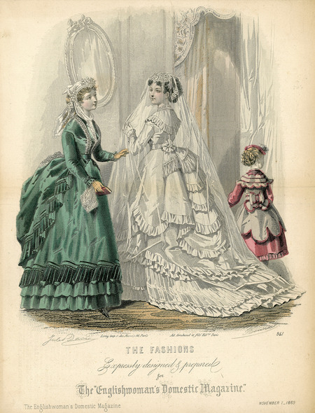 One formal day and a wedding dress both with bustle skirts and multiple flounced and ruffled overskirts, sashes at waist, coat sleeves. Bride has a long train and a full length veil. Attendant has a bonnet trimmed with flowers and ribbons. (published by The Englishwoman's Domestic Magazine).