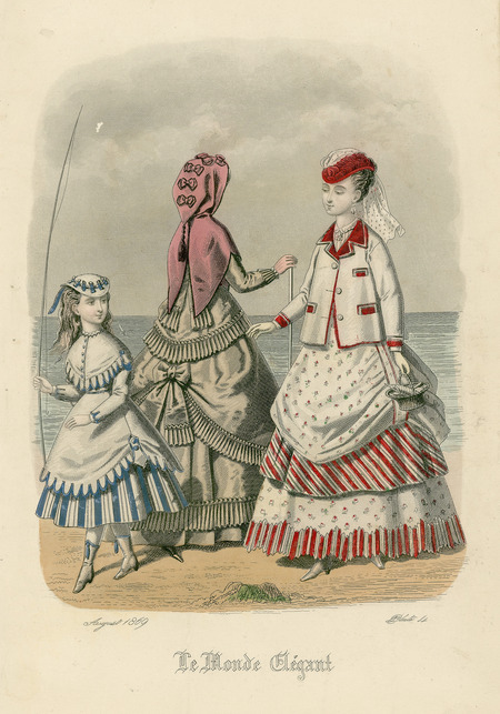 Two walking dresses with hoop skirts and multiple flounced and ruffled overskirts. One wears blazer style jacket and a small hat with a matching veil hanging behind head whereas the other wears a small hooded capelet with ribbons and a large tassel. Both dresses are heavily trimmed. A young girl in a similar style short dress is also shown. (published by Le Monde Elegant).