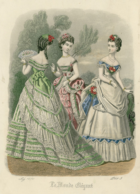 Three evening dresses with off-the-shoulder squared necklines, flounced and ruffled overskirts, sashes just above waistline with small bow or rosette on two women. All dresses heavily trimmed with flowers, rosettes, lace and ruffles. Hair trimmed with flowers and feathers, no gloves. (published by Le Monde Elegant).